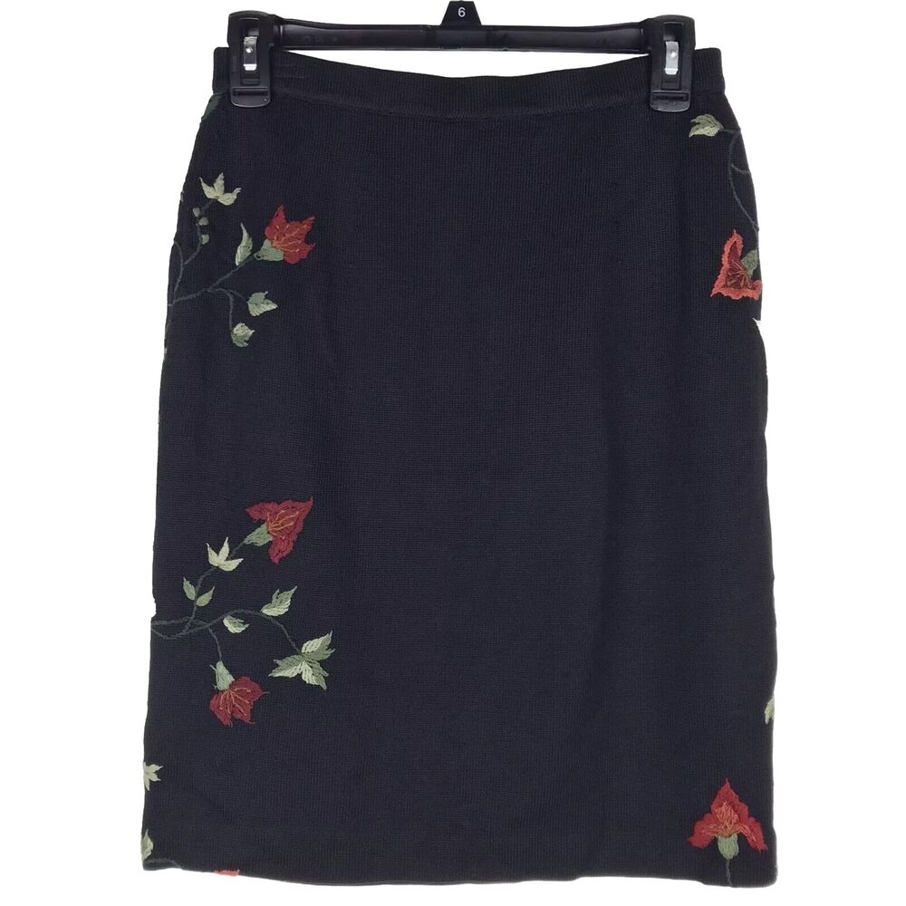 Peruvian Connection Knit Skirt Pencil Black Pima Cotton Embroidered Floral Small